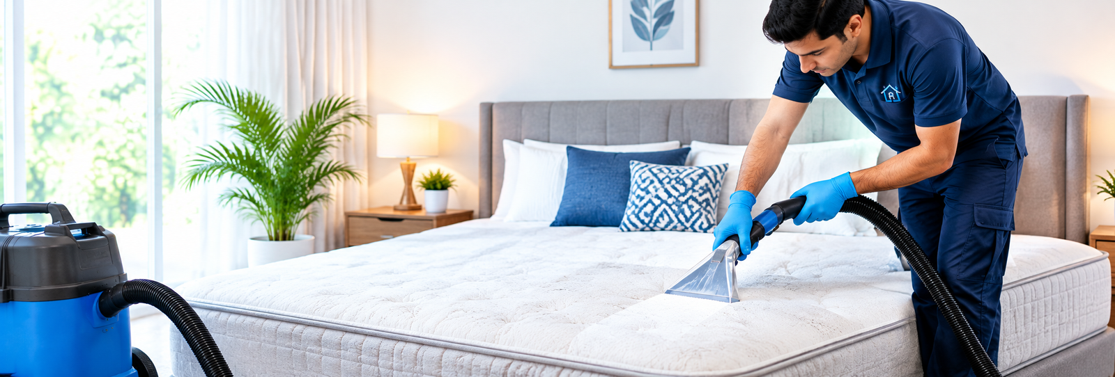 Home professional mattress cleaning in a bright bedroom
