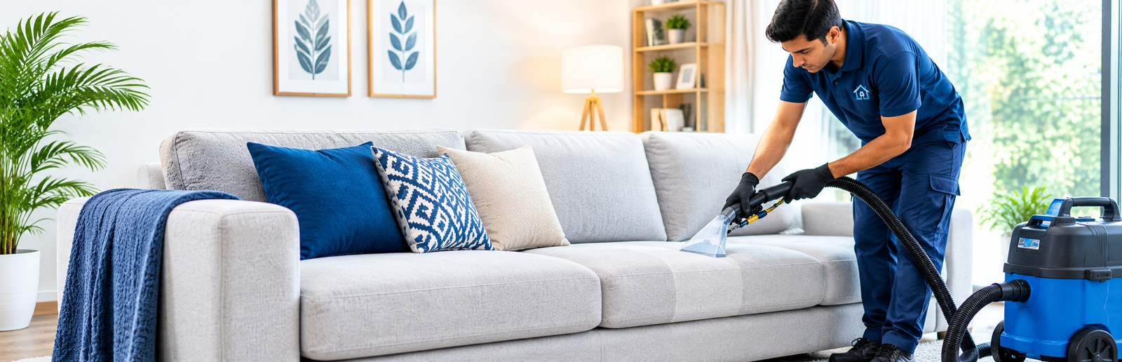 Home professional sofa cleaning in a bright living room